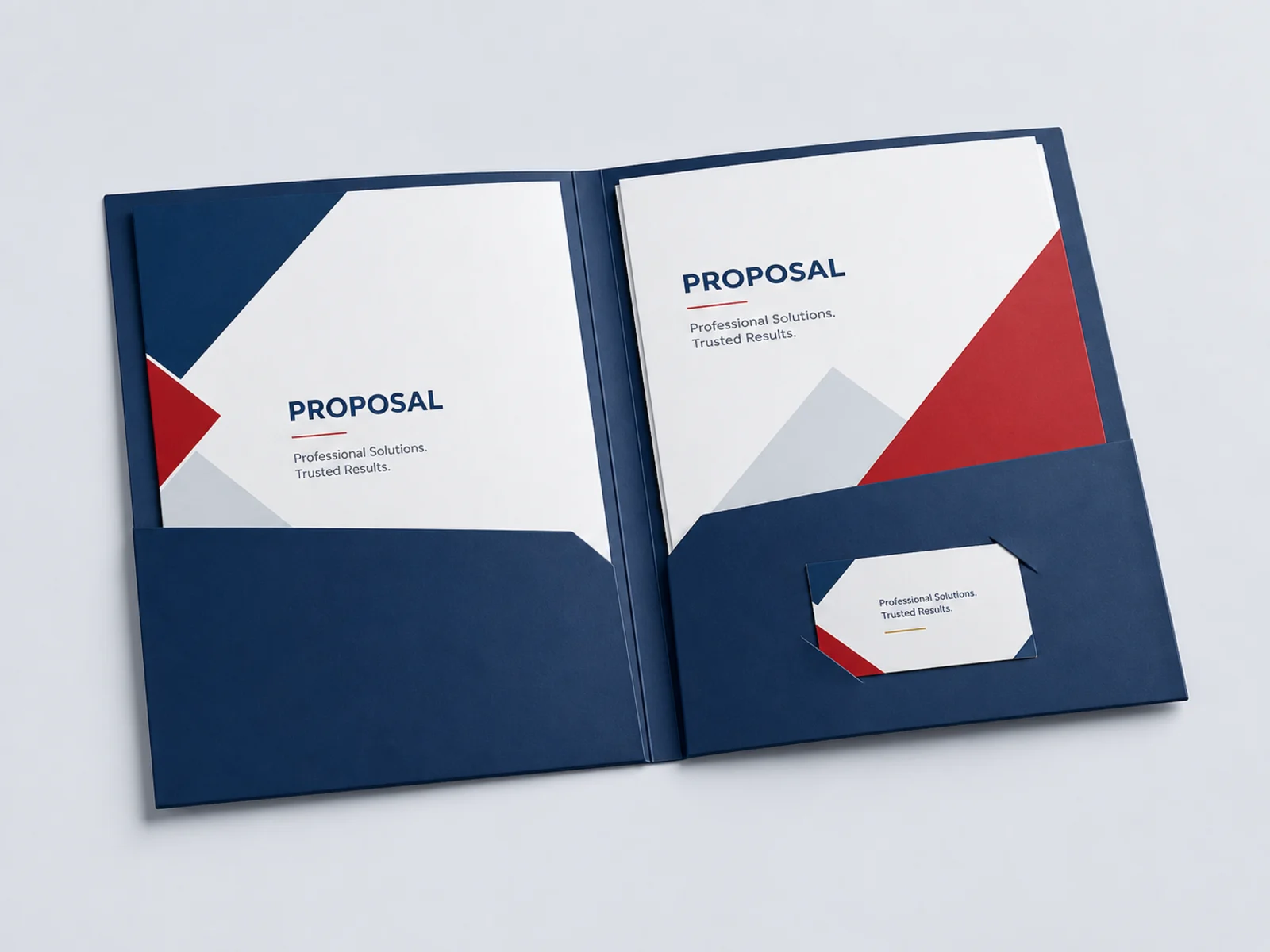 A presentation folder open flat showing both pockets and a card in the die cut slits