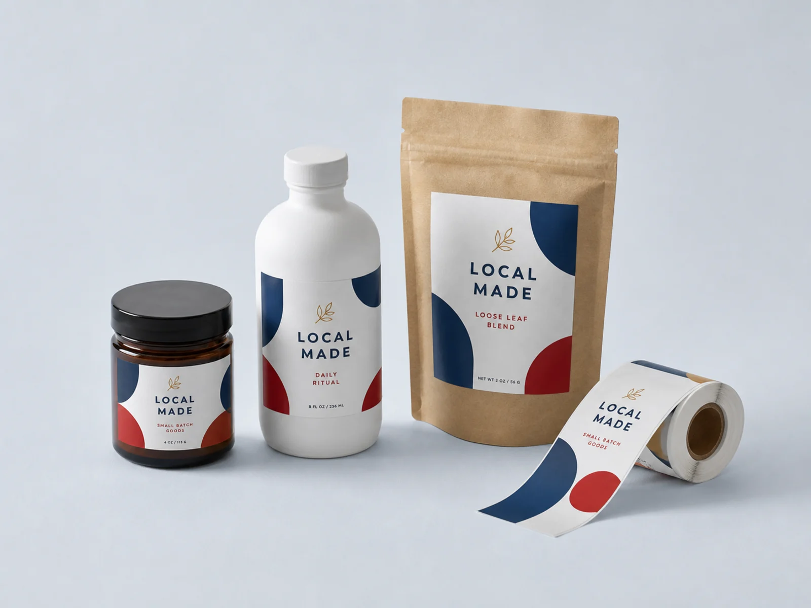Printed labels applied to a bottle, a jar, and a stand up pouch