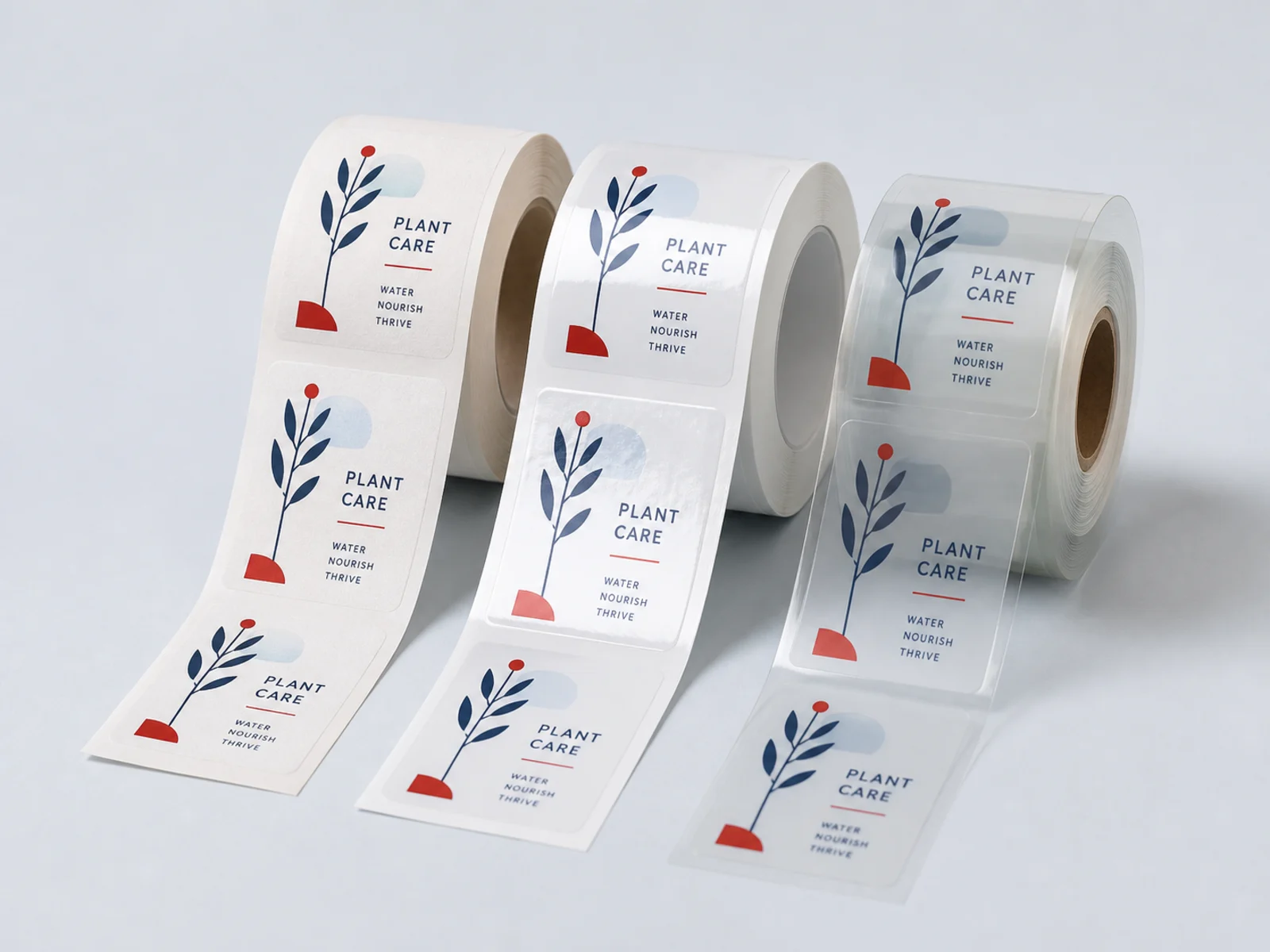 Four label materials applied to identical containers: white, clear, silver, and kraft