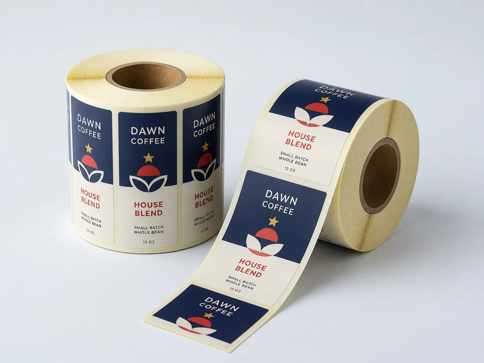 Two rolls of printed labels, one standing on its core and one unrolling