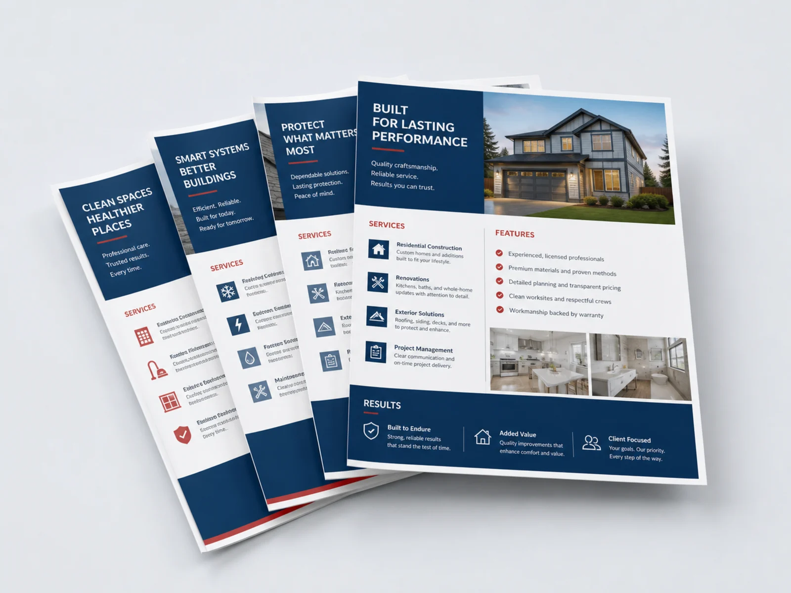 Three letter size sell sheets fanned out with headers and column layouts