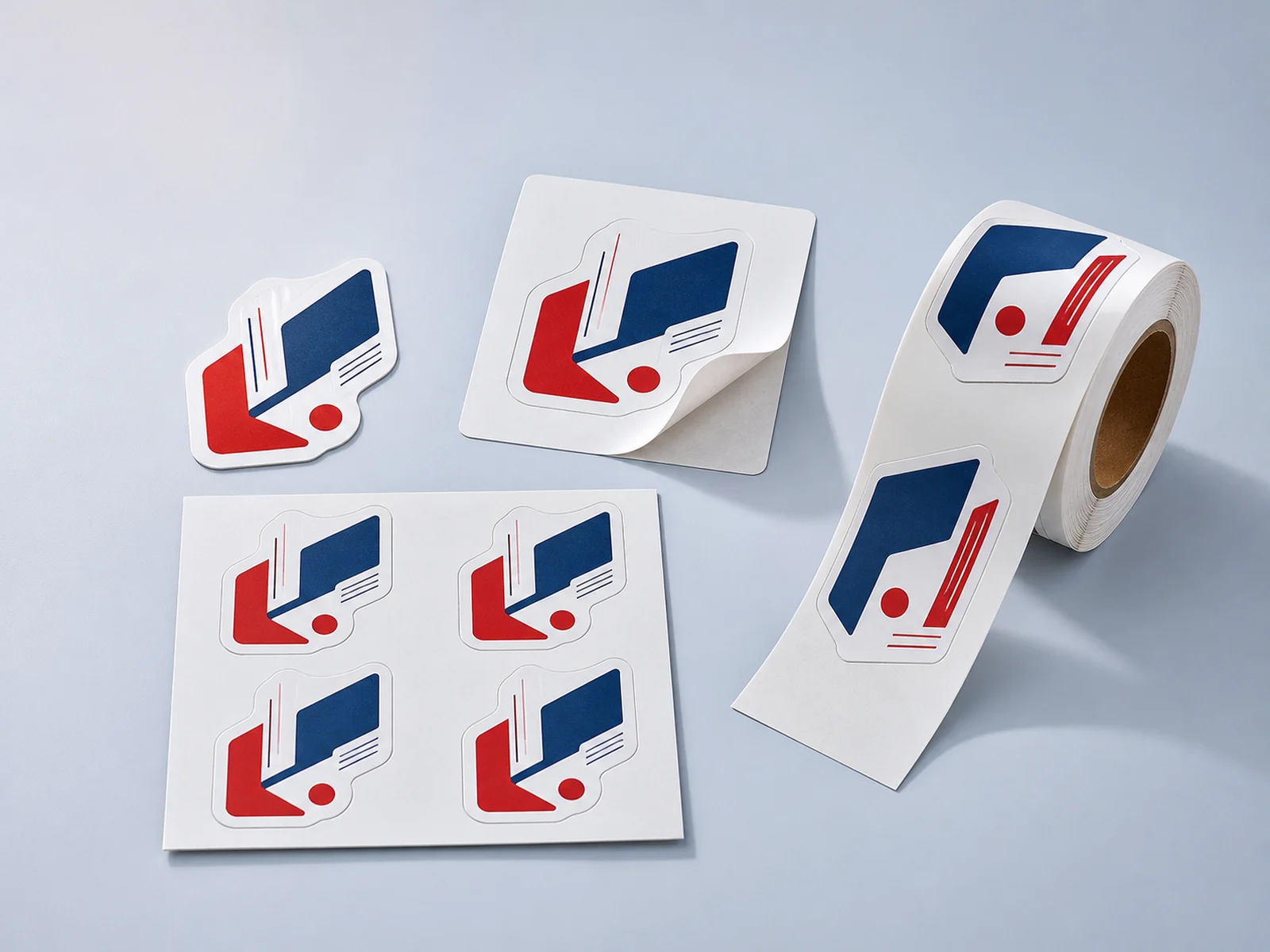Die cut, kiss cut, sheet, and roll stickers side by side