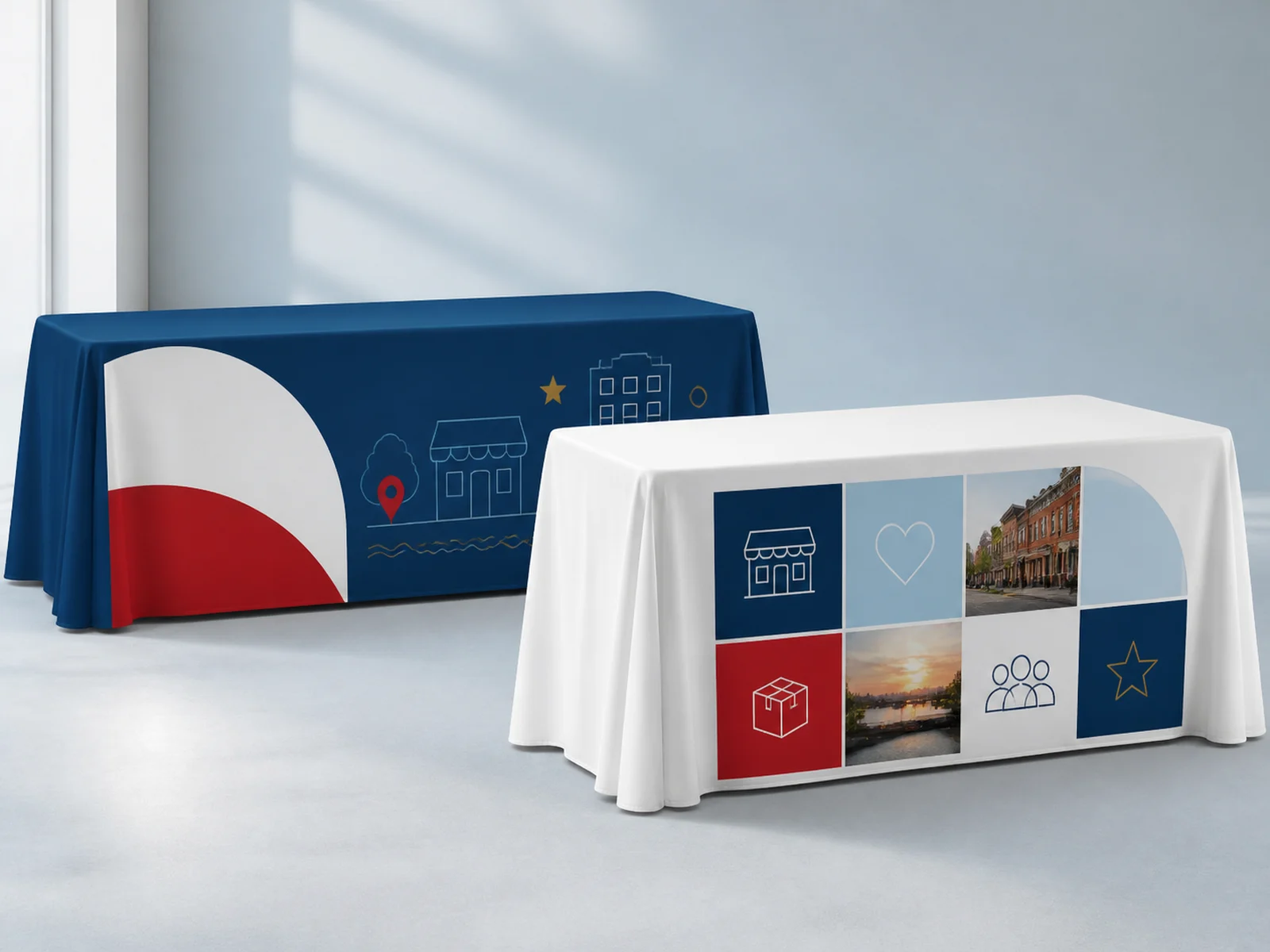 A printed table throw covering a folding table