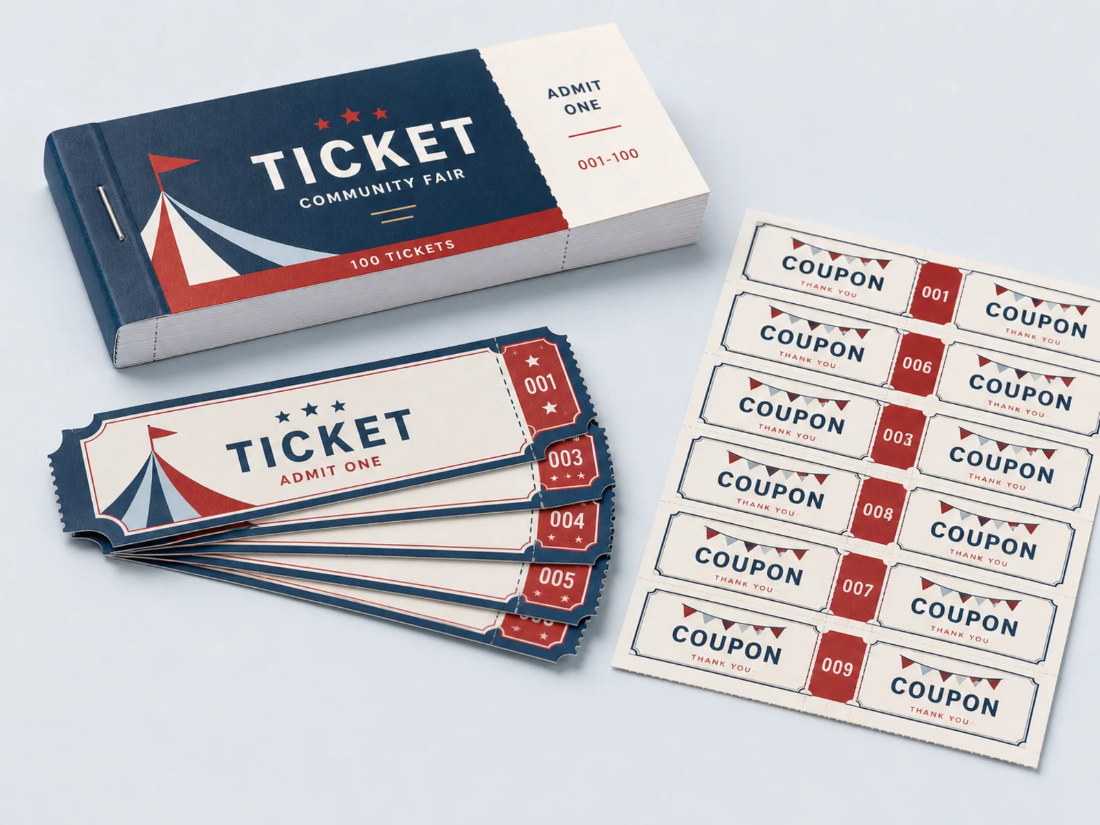 A stapled ticket book, a roll of tickets, and coupons in several sizes