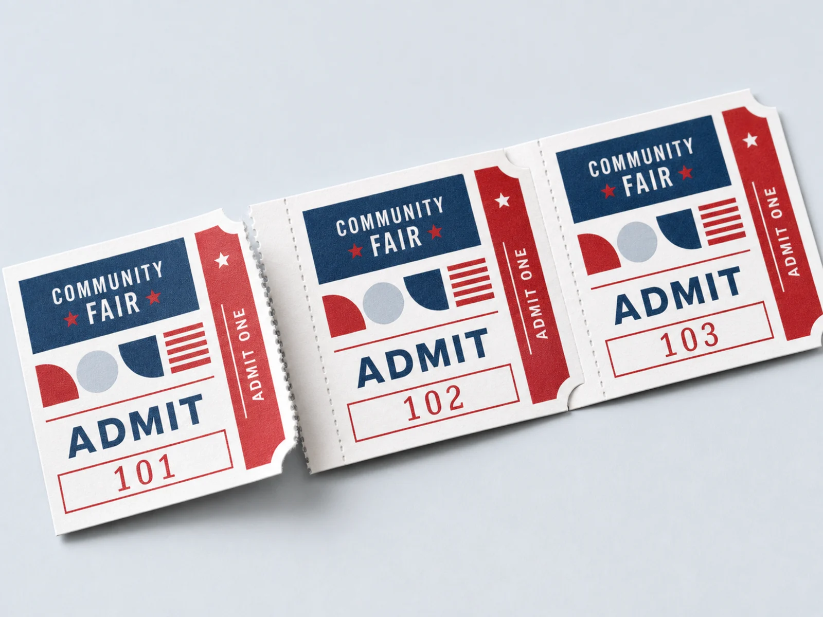 A strip of numbered tickets being torn along a perforation