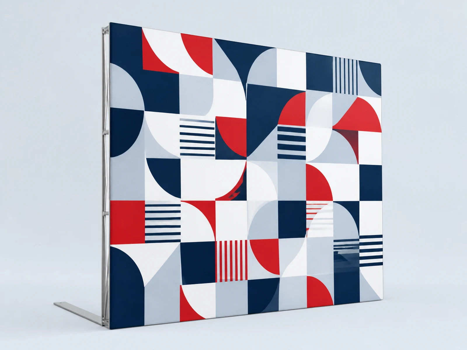 A tension fabric step and repeat backdrop on its frame