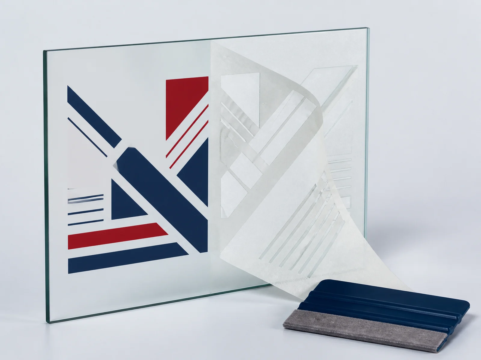 Weeded cut vinyl on transfer tape being applied to glass with a squeegee