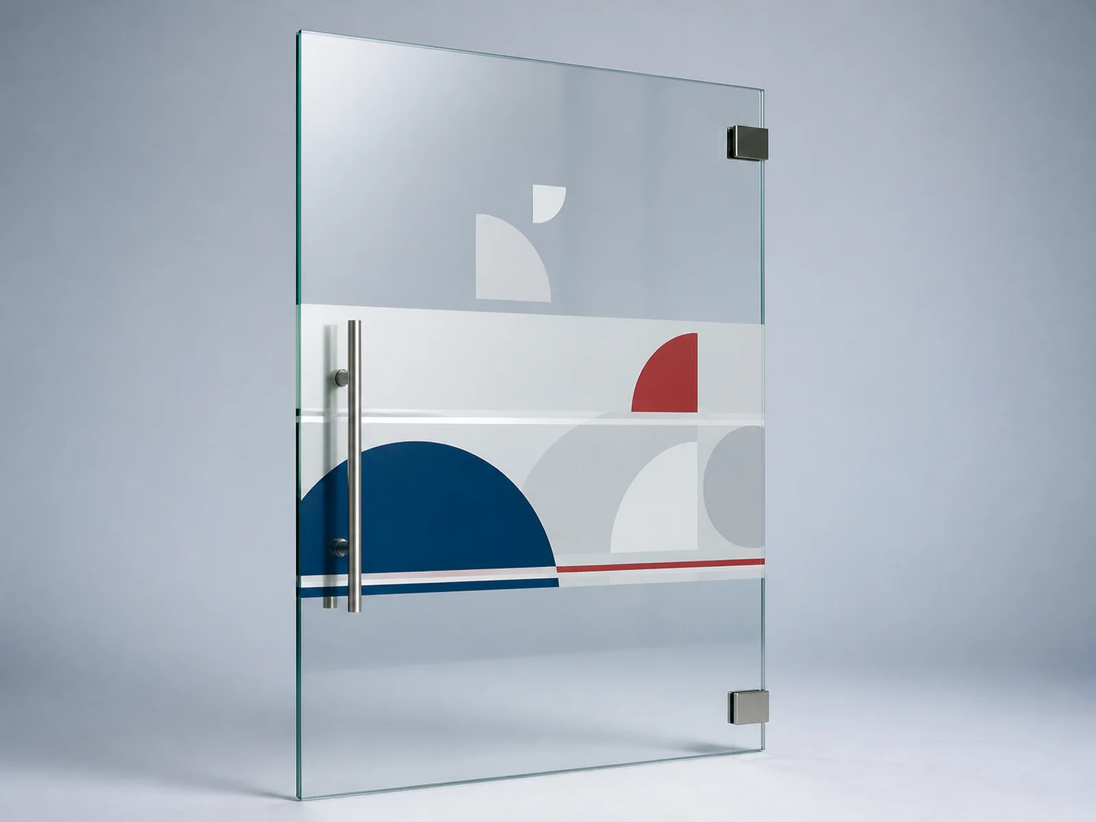 A frosted etched vinyl privacy band across a glass partition