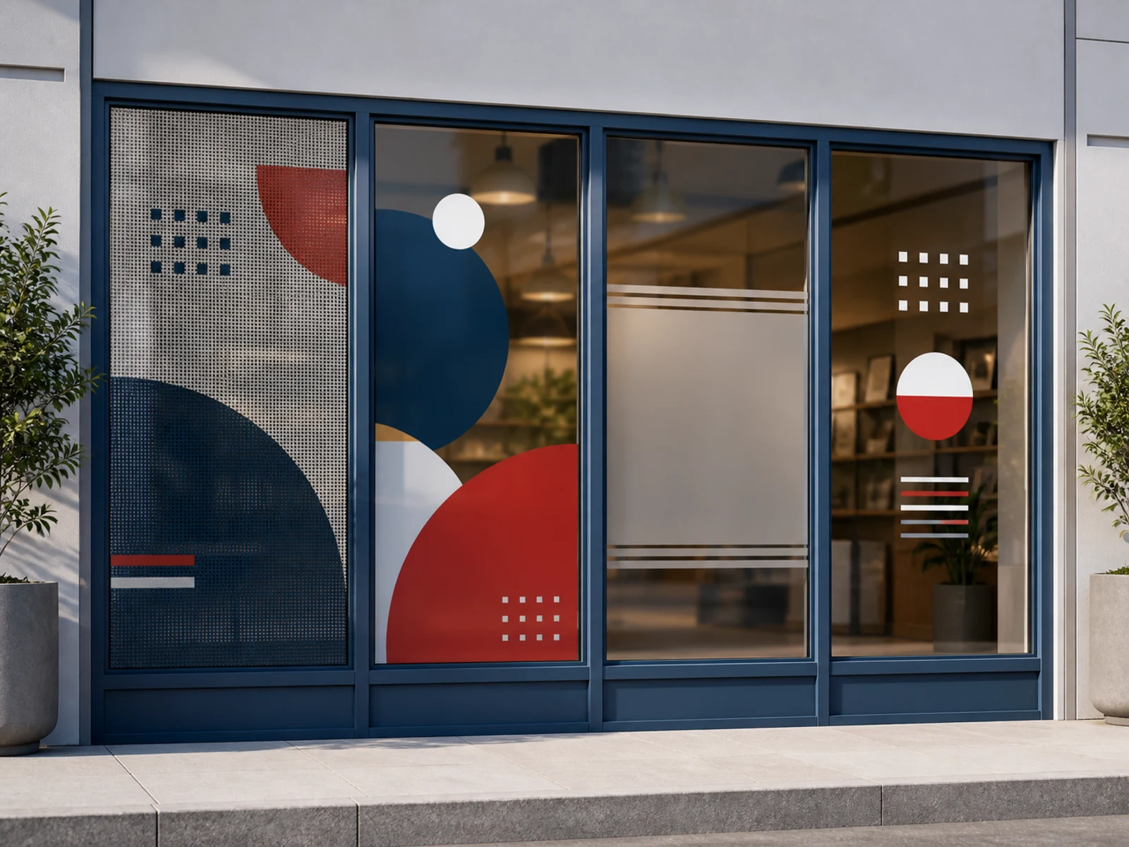 Four storefront panes showing perforated film, a cling, frosted vinyl, and cut lettering