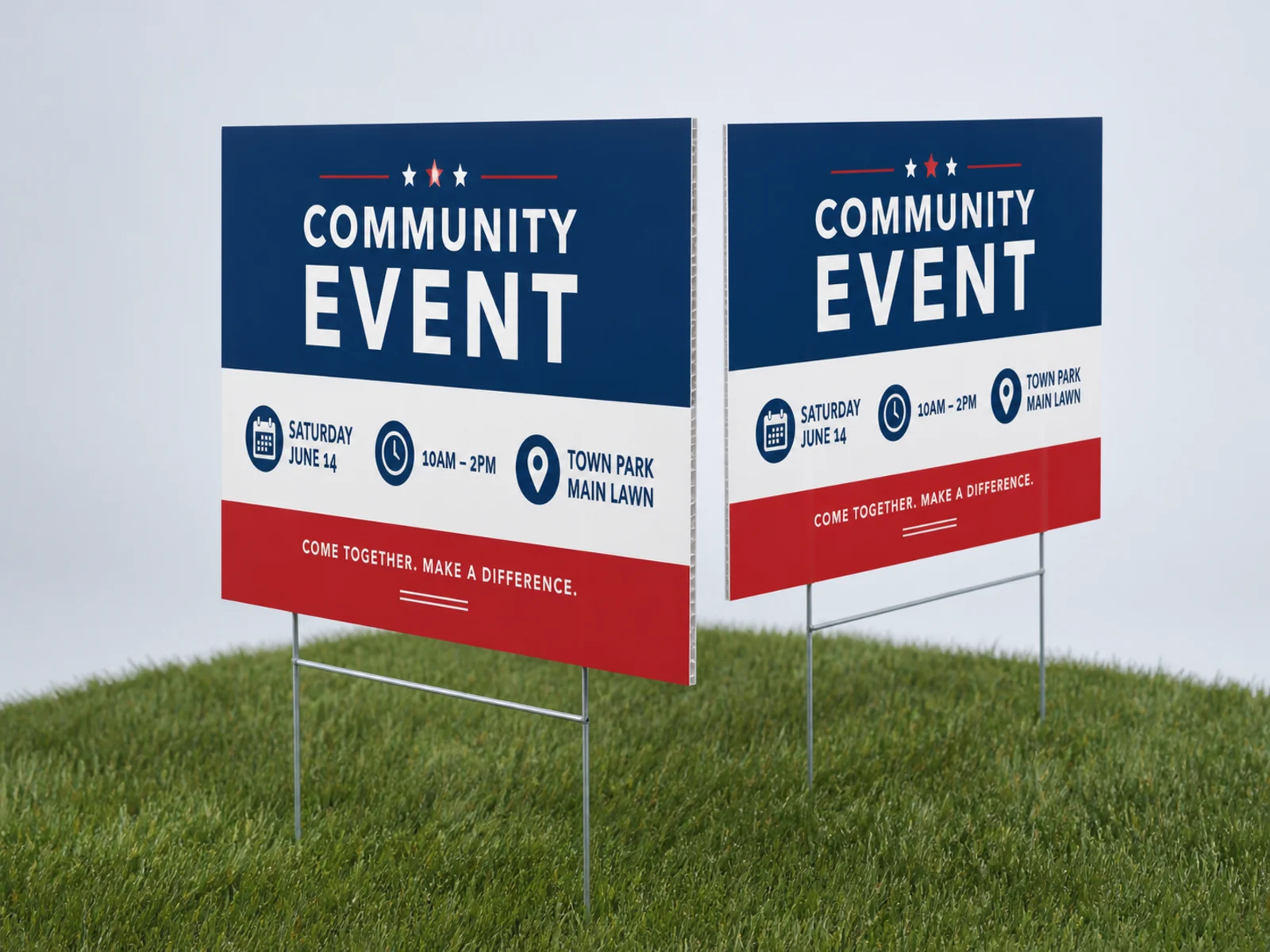 Two yard signs back to back showing both printed faces