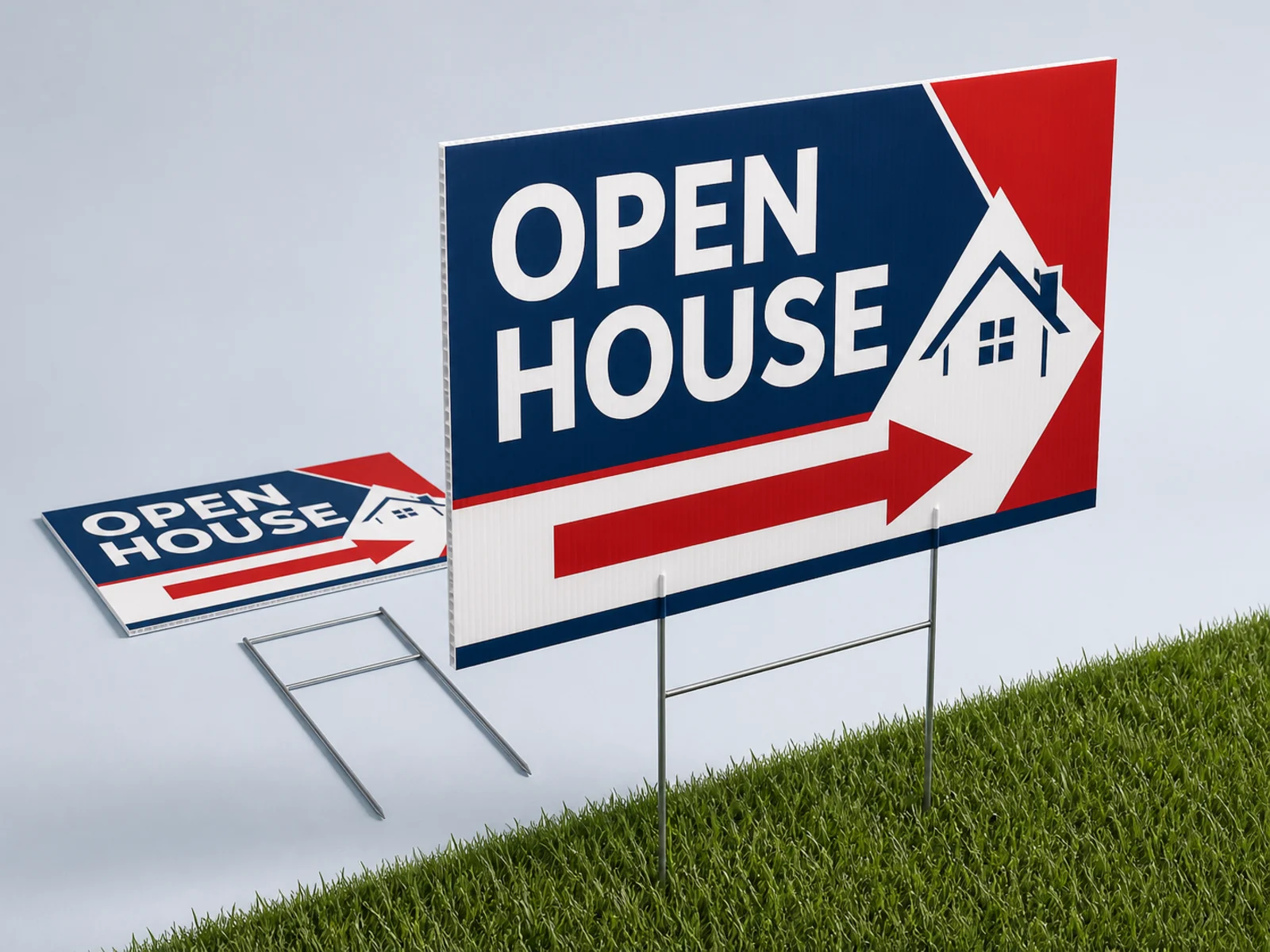 A coroplast yard sign on an H stake pushed into the ground