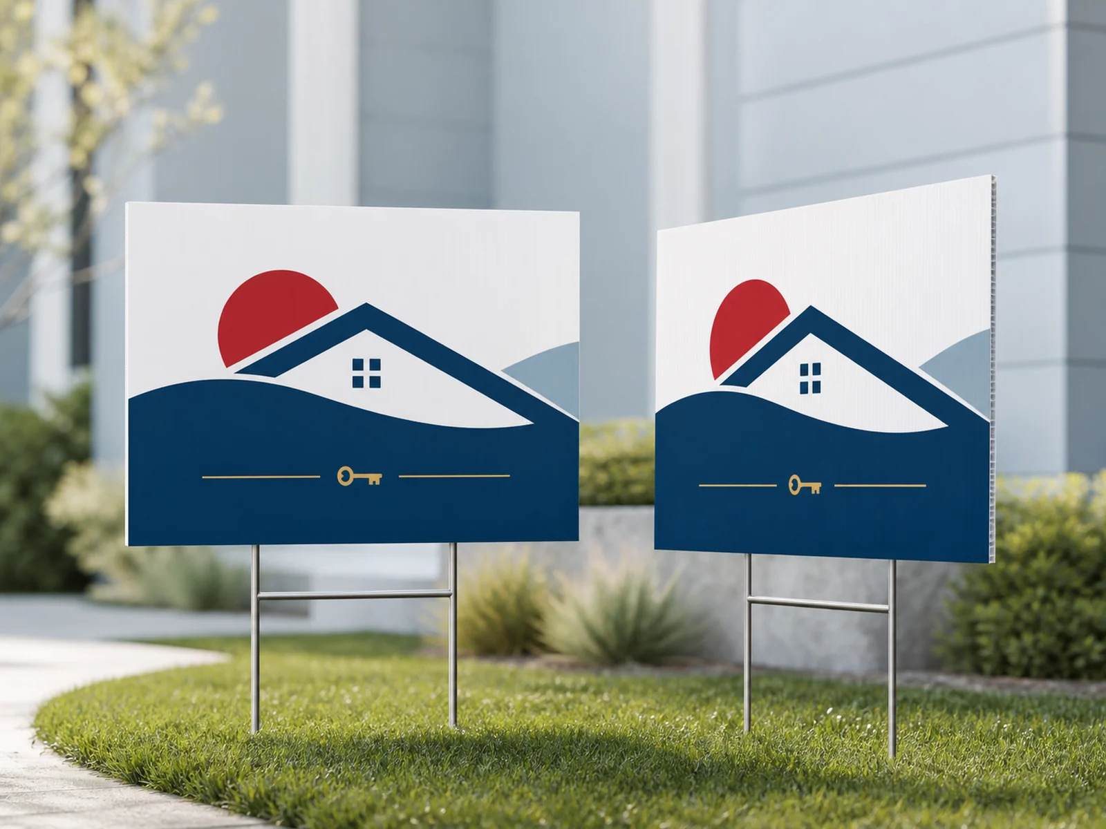 Double sided coroplast yard signs on steel stakes, printed by Signature Postal