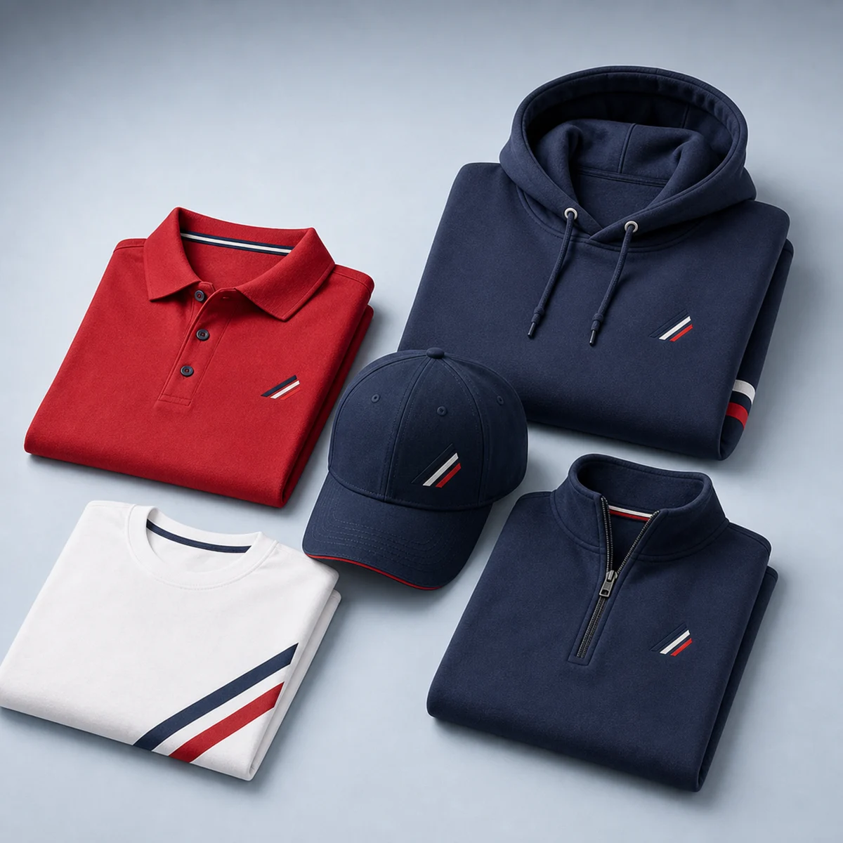 Coordinated branded polo, hoodie, T-shirt, cap, and quarter-zip