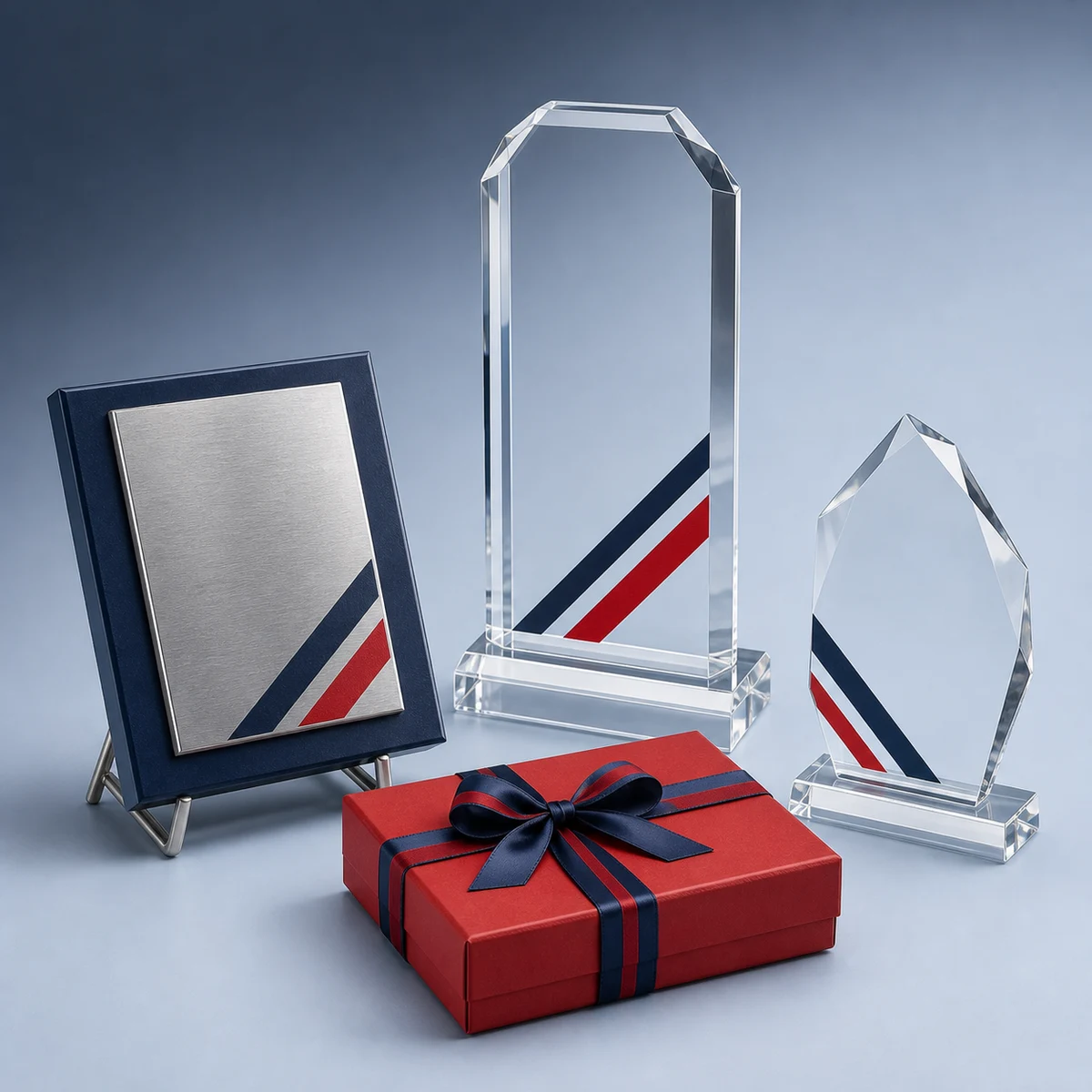 Clear acrylic awards, presentation plaque, and gift box