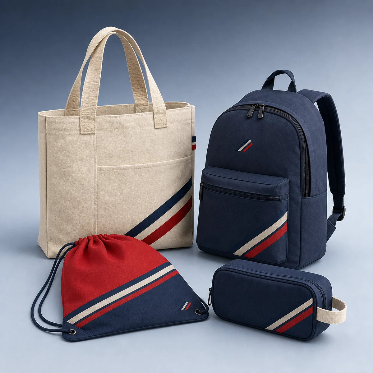 Coordinated canvas tote, backpack, drawstring bag, and accessory pouch