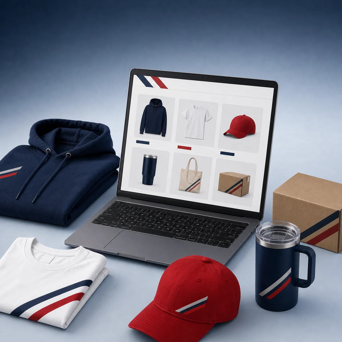 Online merchandise store displayed beside branded apparel and drinkware