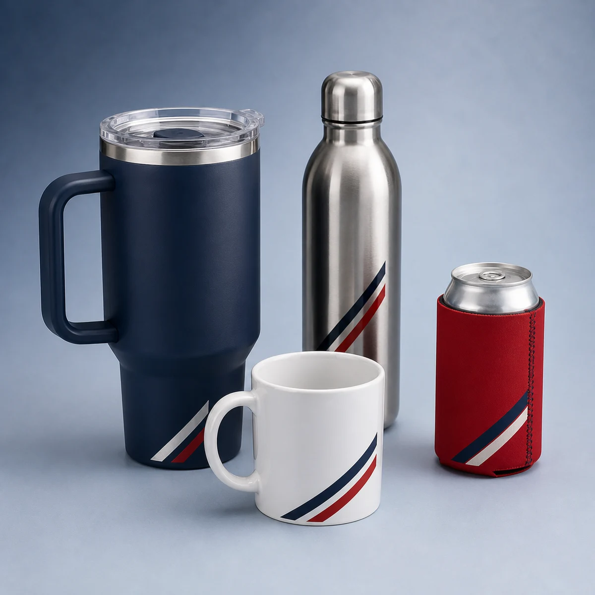 Branded tumblers, bottle, mug, and can cooler
