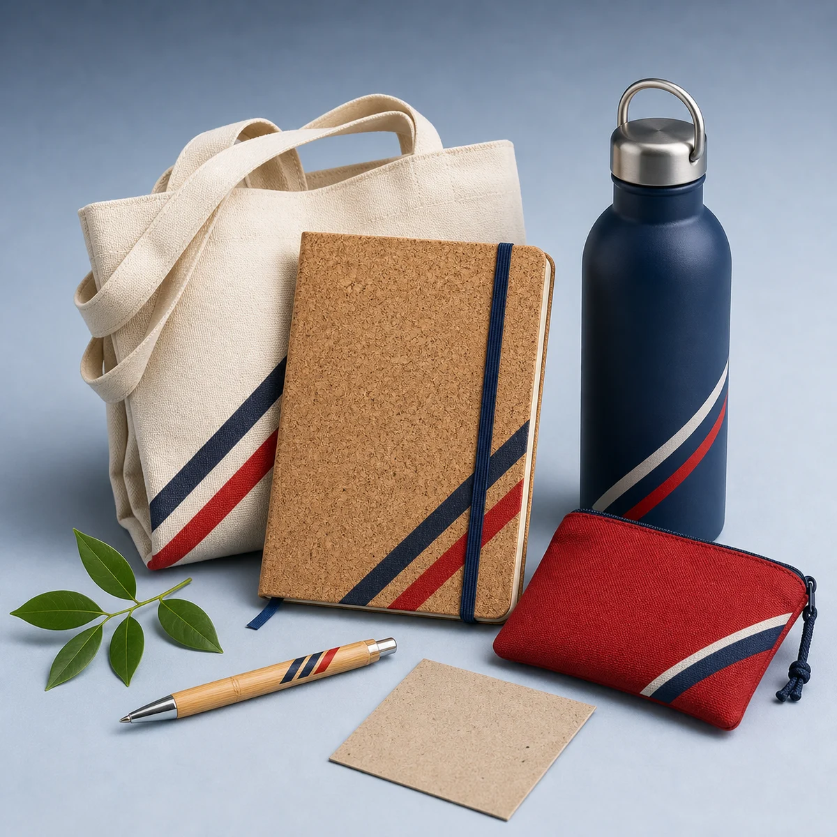 Cotton tote, cork notebook, bamboo pen, recycled bottle, pouch, and kraft card