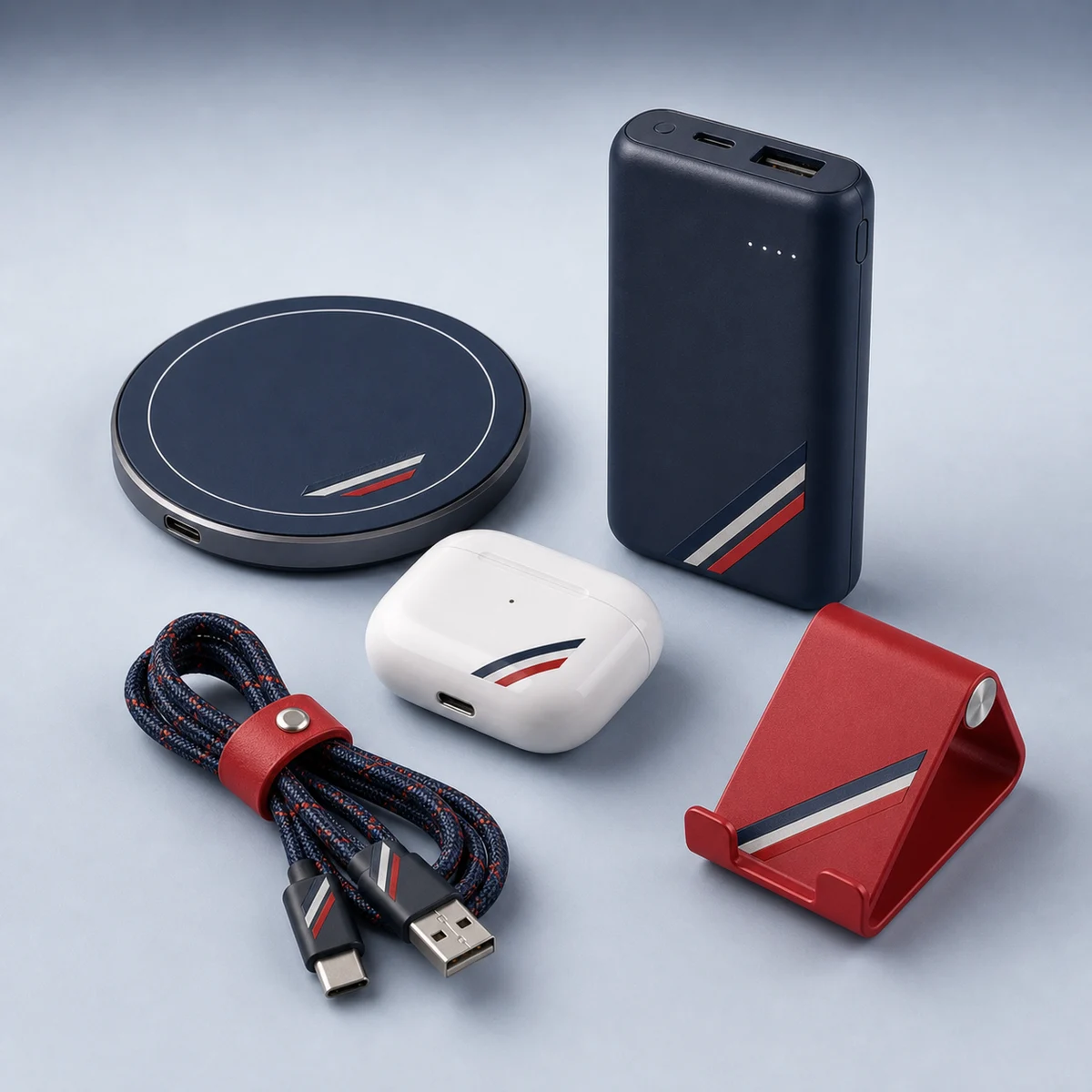 Branded wireless charger, power bank, earbuds case, cable, and phone stand