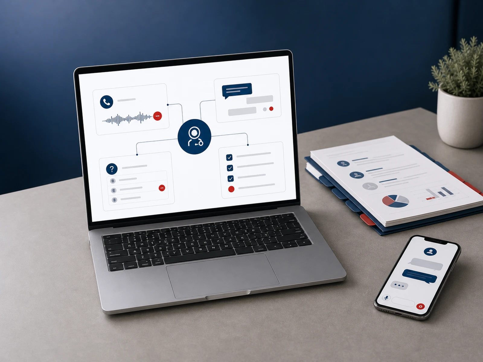 Laptop showing an AI assistant connected to calls, chat, FAQs, and follow-up