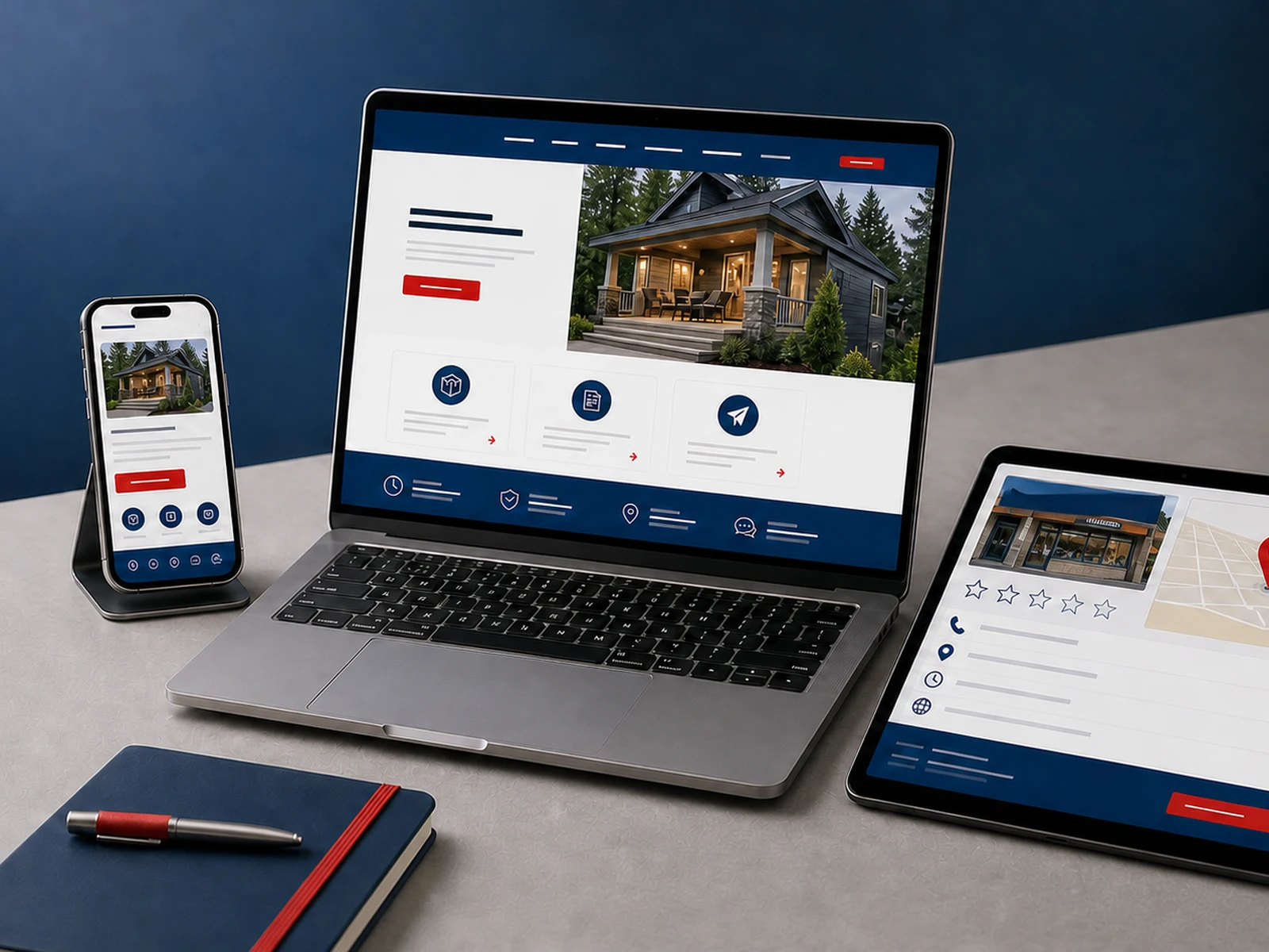 Responsive local-business website shown on laptop and phone with a local profile display