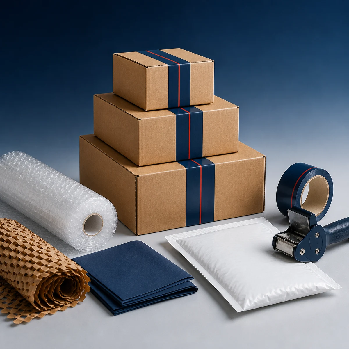 Assorted boxes, padded mailer, bubble wrap, kraft paper, tape, and tissue
