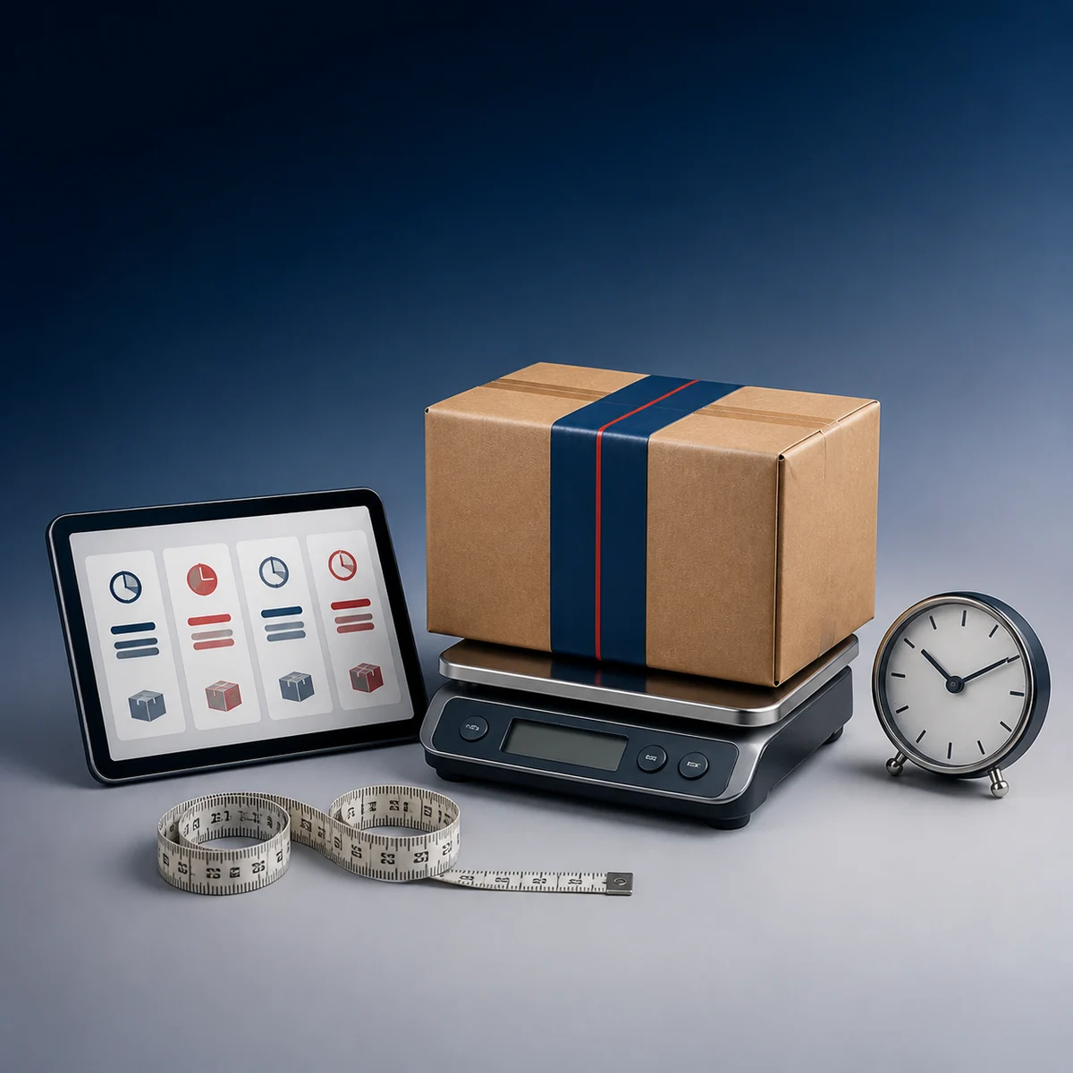 Parcel on a shipping scale beside rate options, a clock, and measuring tape
