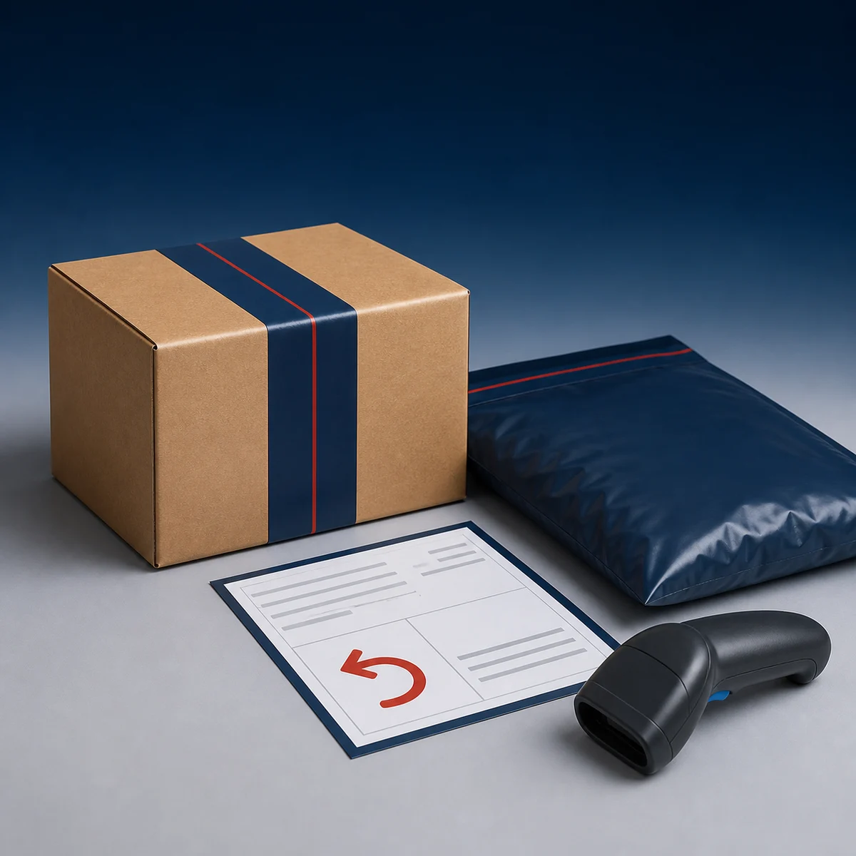 Sealed return parcel, reusable mailer, return label, and handheld scanner