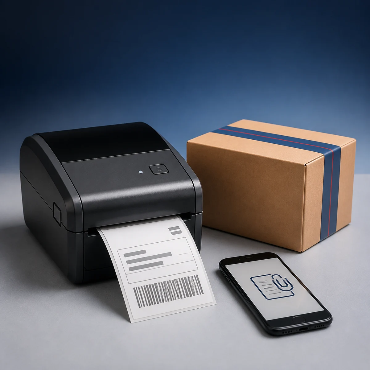 Thermal label printer producing a shipping label beside a parcel and phone