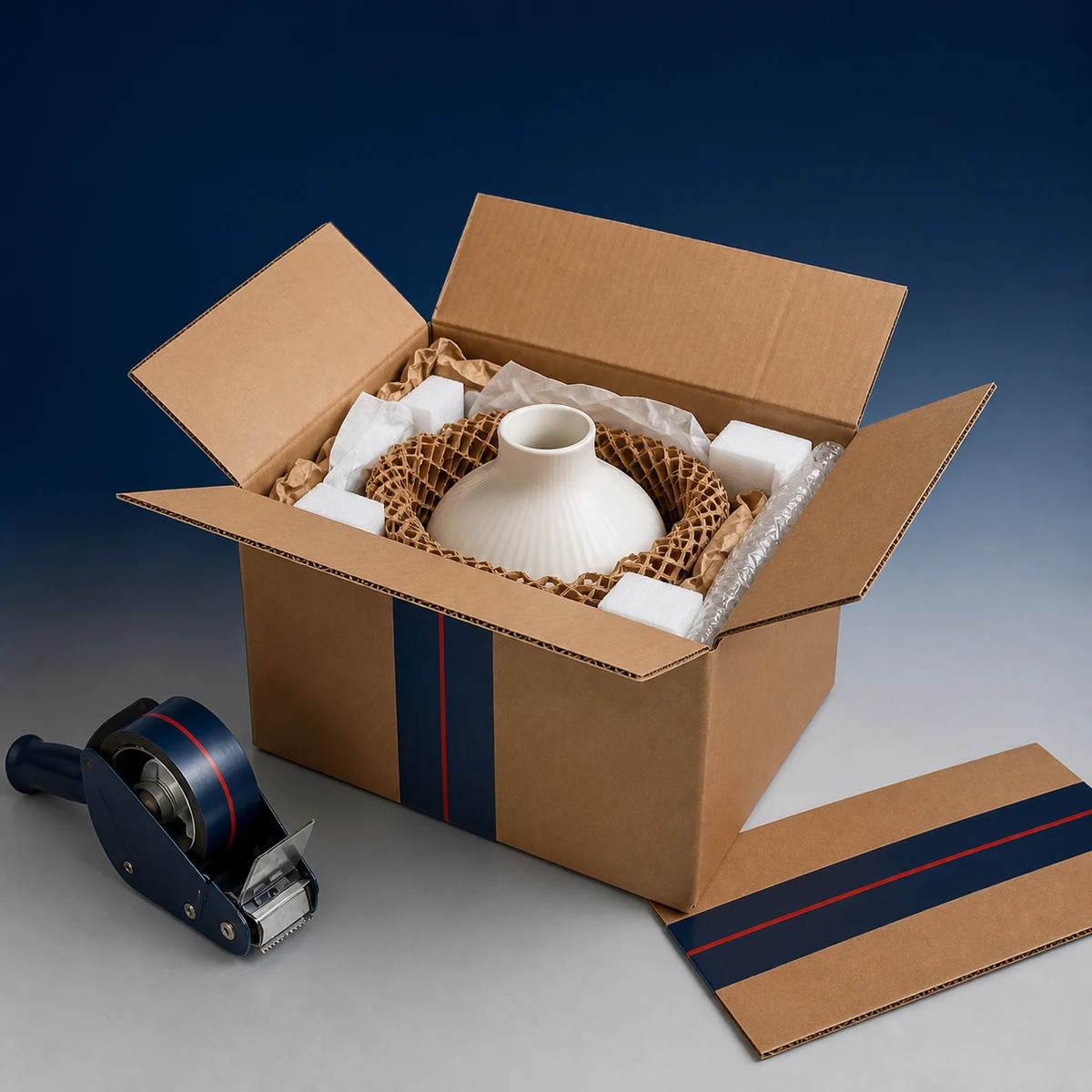 Fragile ceramic item protected inside a corrugated box with professional cushioning