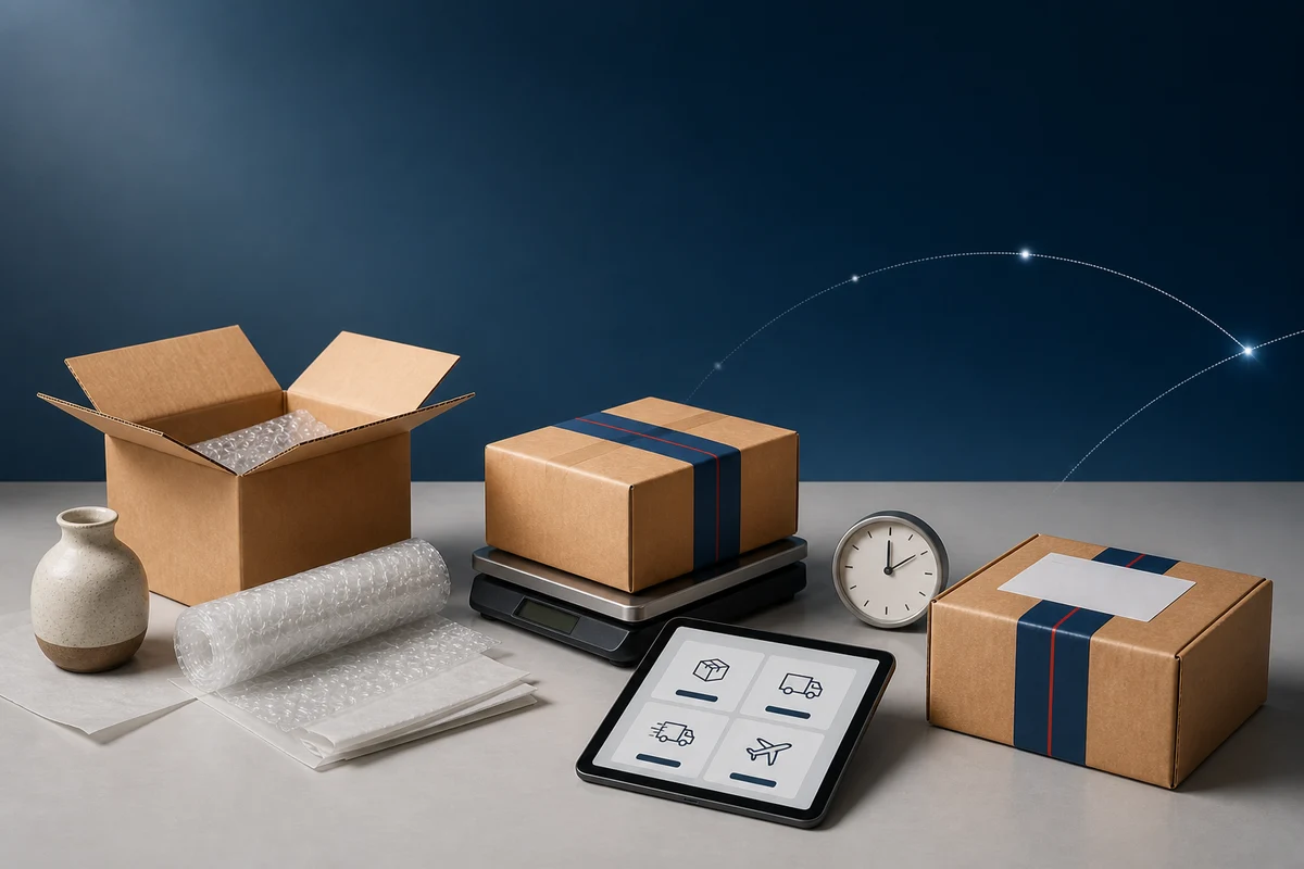 Shipping process from packing through rate comparison to a sealed outbound parcel