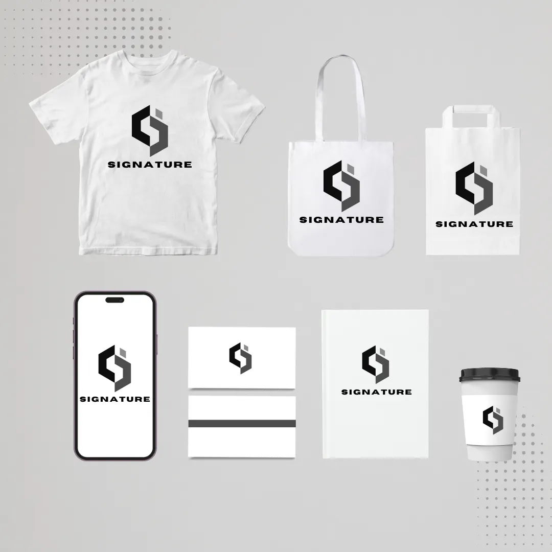 Mockup showing a white t-shirt, tote bags, packaging, smartphone, business cards, notebook, and coffee cup, all featuring the black and gray ‘Signature’ logo on a light gray background.