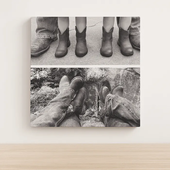 Boots printed on Canvas after mounting and hanging.