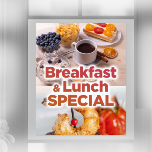 Breakfast and lunch special poster with coffee, cereal, fruit toast, yogurt, and grilled shrimp – promotional food signage displayed in a café window